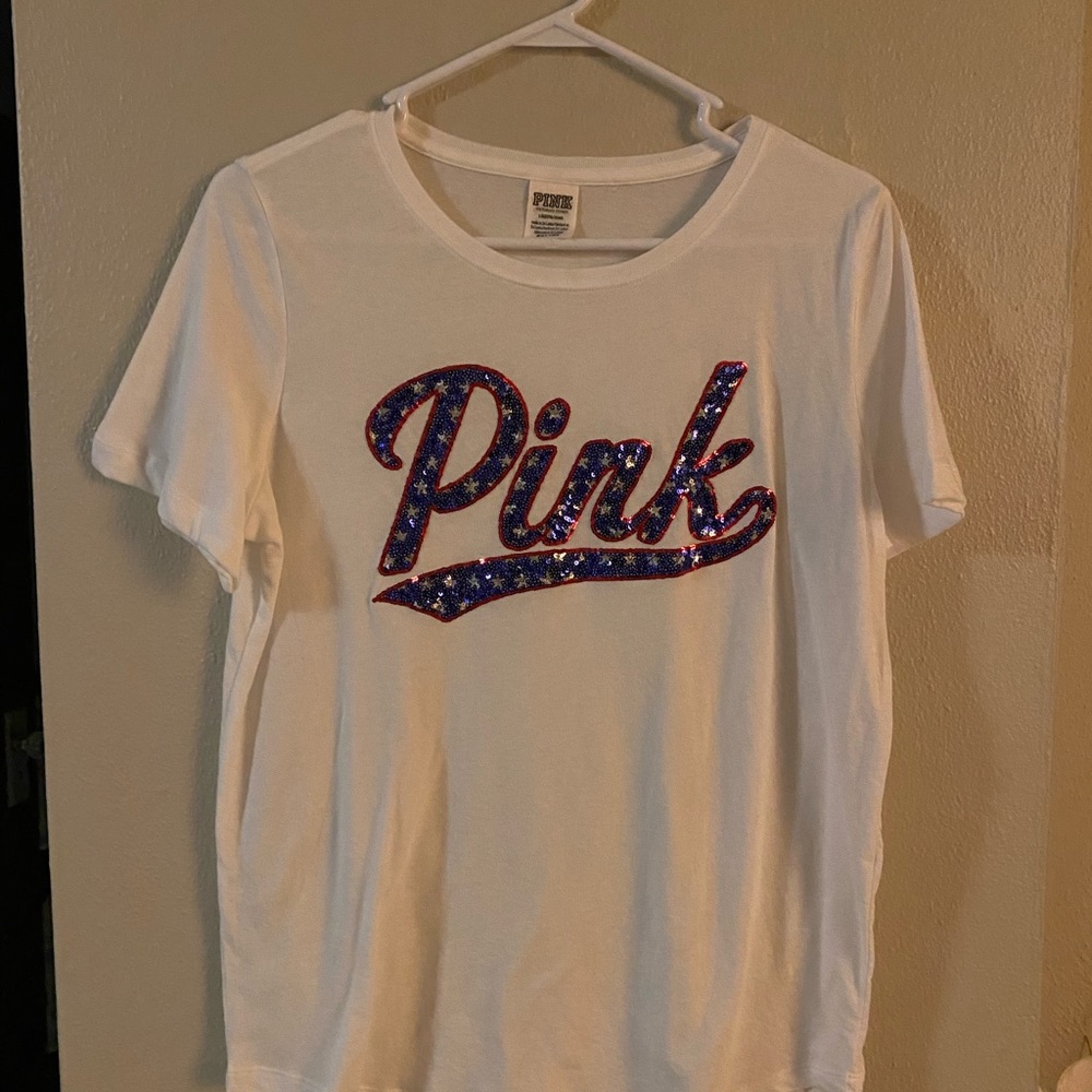 Pink Victoria’s Secret red white and blue sequined top. New without tags Sz L